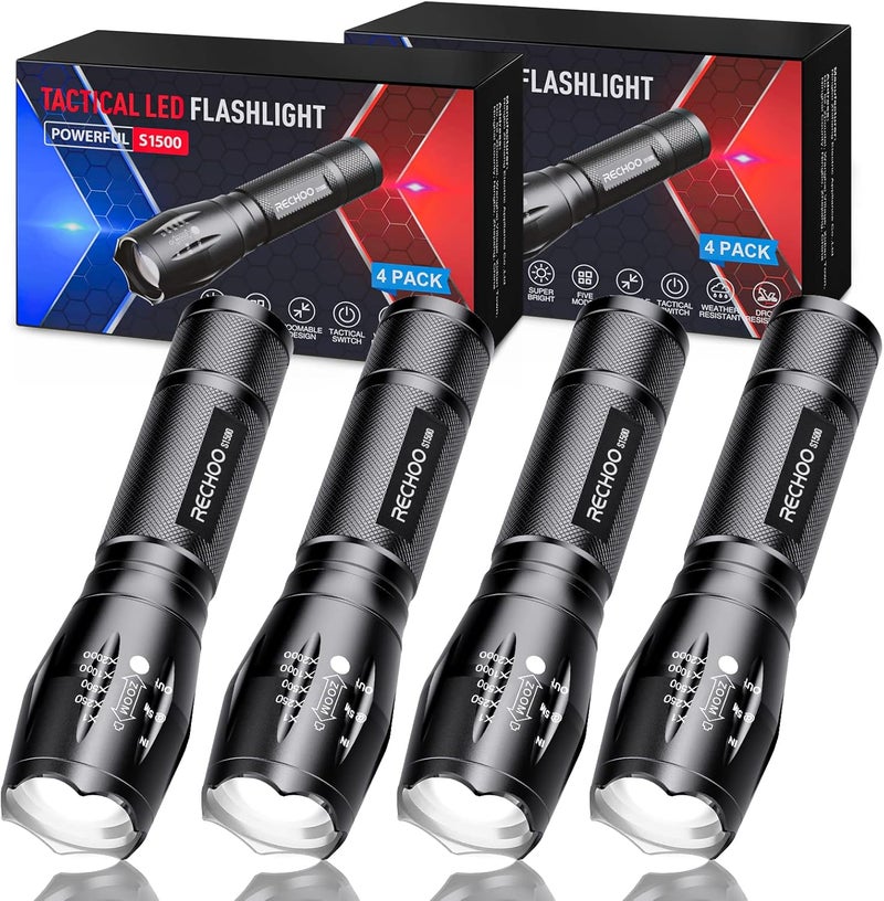 Rechoo Tactical Flashlight 4 Pack, Bright Zoomable LED Flashlight with High Lumens and 5 Modes, Waterproof Portable Pocket Flash Light for Emergency, Camping, and Outdoor Use - S1500 - Image 1